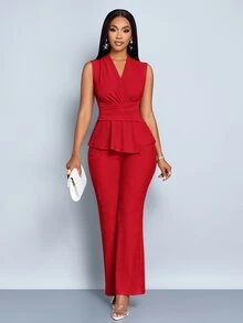SOLERSUN Elegant Workwear Waist-Cinching Suit - Red - View 3