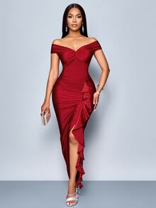 SOLERSUN Women Summer Elegant Burgundy Red Party Dress,Autumn Off-Shoulder Short Sleeves Center Front Chest Knot Side Smocking Slits Ruffle Trim Fall Clothing - Red - View 4
