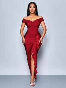SOLERSUN Women Summer Elegant Burgundy Red Party Dress,Autumn Off-Shoulder Short Sleeves Center Front Chest Knot Side Smocking Slits Ruffle Trim Fall Clothing - Red - View 3