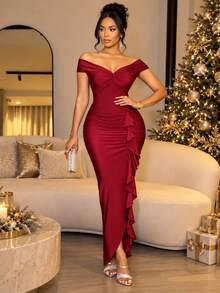 SOLERSUN Women Summer Elegant Burgundy Red Party Dress,Autumn Off-Shoulder Short Sleeves Center Front Chest Knot Side Smocking Slits Ruffle Trim Fall Clothing - Red - View 8