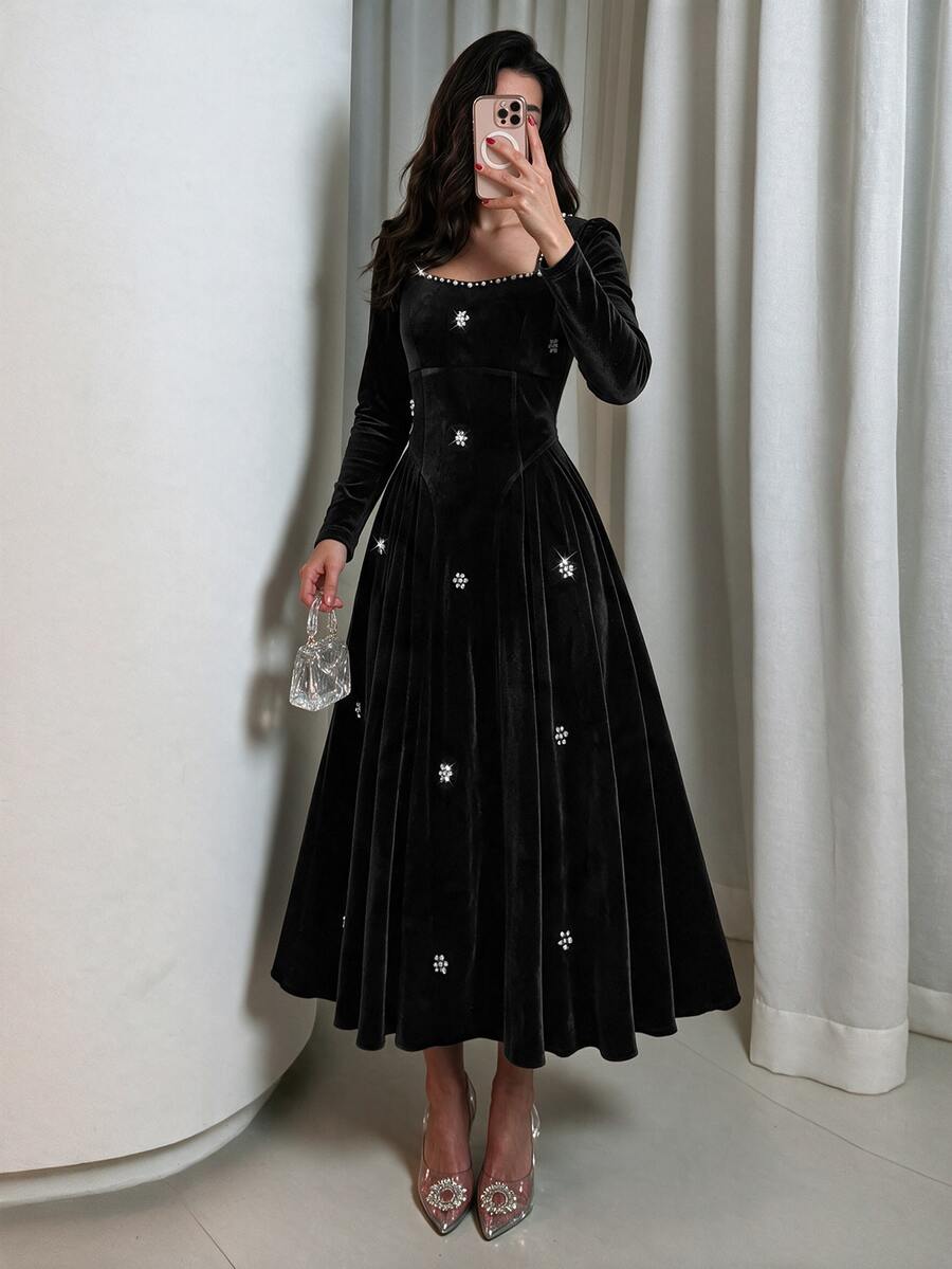 NOVVYNE 女款黑色方領天鵝絨長洋裝,手工縫製珠飾長袖正式禮服,優雅秋季婚禮賓客晚宴禮服 - 黑色 - 查看 1