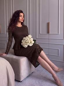 Modelyn Women's Elegant Vintage Textured Lace Cinched Waist Flared Top Bodycon Skirt 2 Pieces Set Formal Luxury Party Dinner Date Diner Romantic Brown Fall - Brown - View 3