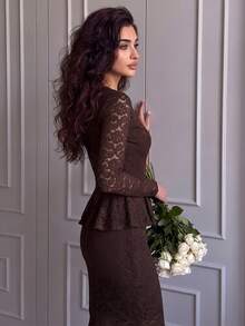 Modelyn Women's Elegant Vintage Textured Lace Cinched Waist Flared Top Bodycon Skirt 2 Pieces Set Formal Luxury Party Dinner Date Diner Romantic Brown Fall - Brown - View 8