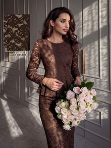 Modelyn Women's Elegant Vintage Textured Lace Cinched Waist Flared Top Bodycon Skirt 2 Pieces Set Formal Luxury Party Dinner Date Diner Romantic Brown Fall - Brown - View 4