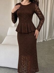Modelyn Women's Elegant Vintage Textured Lace Cinched Waist Flared Top Bodycon Skirt 2 Pieces Set Formal Luxury Party Dinner Date Diner Romantic Brown Fall - Brown - View 7