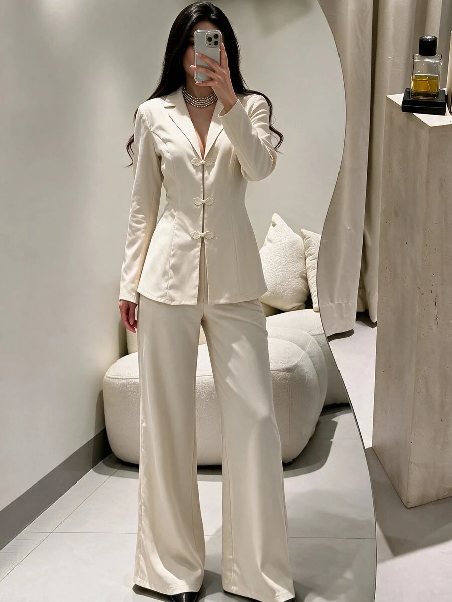 Modelyn Apricot Color Frog Button Design Waist-Cinching Blazer + Straight Leg Casual Pants Women's Elegant Suit Autumn Outfit - Apricot - View 1