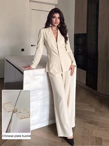 Modelyn Apricot Color Frog Button Design Waist-Cinching Blazer + Straight Leg Casual Pants Women's Elegant Suit Autumn Outfit - Apricot - View 7