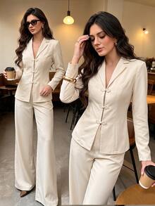Modelyn Apricot Color Frog Button Design Waist-Cinching Blazer + Straight Leg Casual Pants Women's Elegant Suit Autumn Outfit - Apricot - View 3