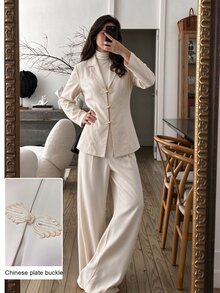 Modelyn Apricot Color Frog Button Design Waist-Cinching Blazer + Straight Leg Casual Pants Women's Elegant Suit Autumn Outfit - Apricot - View 4
