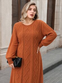 Lacomfia Plus Size Women's Cable Knit Crew Neck Long Sleeve Casual Knit Dress - Bronze - View 6