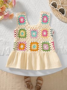SHEIN LMoss Kids Áo ba lỗ xuyên thấu không tay nhiều màu sắc cho bé gái tuổi mới lớn LMoss, phong cách kỳ nghỉ - Màu be - Xem 2