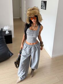 StreetHx Y2K Napoleon Style Decorative Buckle 2 Pieces Set, Square Neck Tank Top + Elastic Waist Wide Leg Long Pants - Grey - View 6