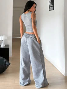 StreetHx Y2K Napoleon Style Decorative Buckle 2 Pieces Set, Square Neck Tank Top + Elastic Waist Wide Leg Long Pants - Grey - View 2