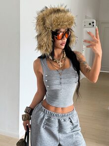 StreetHx Y2K Napoleon Style Decorative Buckle 2 Pieces Set, Square Neck Tank Top + Elastic Waist Wide Leg Long Pants - Grey - View 7