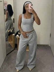 StreetHx Y2K Napoleon Style Decorative Buckle 2 Pieces Set, Square Neck Tank Top + Elastic Waist Wide Leg Long Pants - Grey - View 4