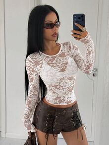 StreetHx Sexy Romantic White Floral Floral Lace Sheer Top, Fitted Mesh Undershirt Wedding Club Night Out Date Night Fall - White - View 3