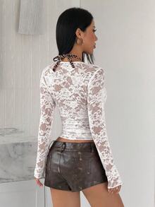 StreetHx Sexy Romantic White Floral Floral Lace Sheer Top, Fitted Mesh Undershirt Wedding Club Night Out Date Night Fall - White - View 2