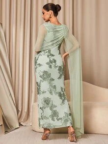 MaterniChic Maternity Jacquard Mesh Patchwork Casual Party Dress Fall - Green - View 8
