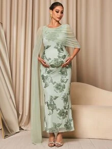 MaterniChic Maternity Jacquard Mesh Patchwork Casual Party Dress Fall - Green - View 3