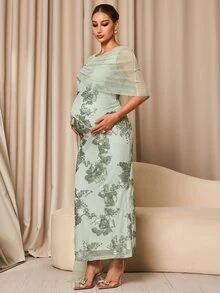 MaterniChic Maternity Jacquard Mesh Patchwork Casual Party Dress Fall - Green - View 4