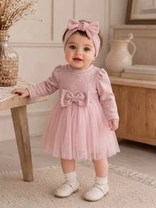 SHEIN 1pc Baby Girl Tutu Dress Sweet Pink Bow Ribbed Tulle Patchwork Long Sleeve Round Neck Regular Birthday Fall Holiday Ballet Princess Cozy Party Solid - Pink - View 8
