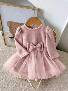 SHEIN 1pc Baby Girl Tutu Dress Sweet Pink Bow Ribbed Tulle Patchwork Long Sleeve Round Neck Regular Birthday Fall Holiday Ballet Princess Cozy Party Solid - Pink - View 4