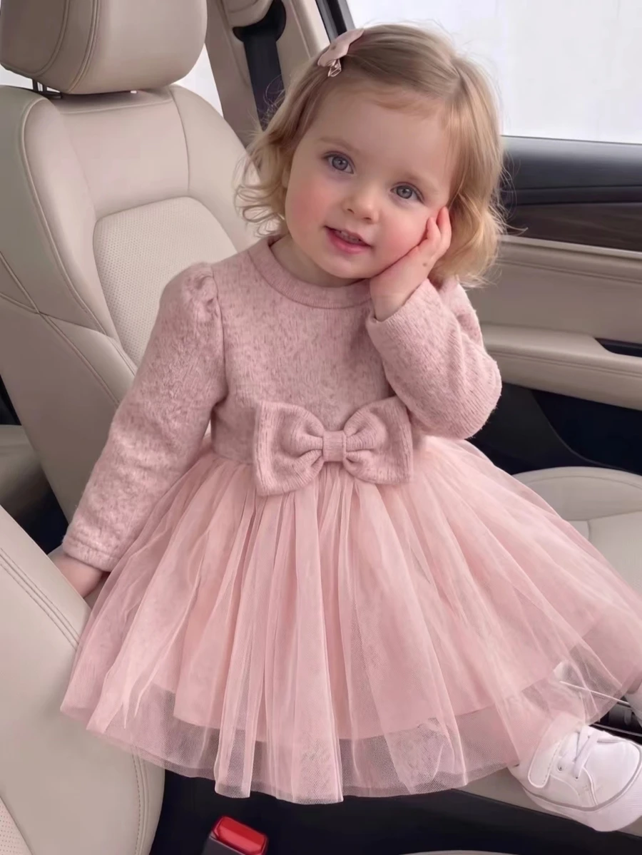 SHEIN 1pc Baby Girl Tutu Dress Sweet Pink Bow Ribbed Tulle Patchwork Long Sleeve Round Neck Regular Birthday Fall Holiday Ballet Princess Cozy Party Solid - Pink - View 1