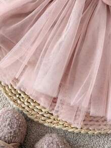 SHEIN 1pc Baby Girl Tutu Dress Sweet Pink Bow Ribbed Tulle Patchwork Long Sleeve Round Neck Regular Birthday Fall Holiday Ballet Princess Cozy Party Solid - Pink - View 7