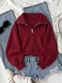 SHEIN Sparklyn Tween Girls Fleece Fall Clothes Long Sleeve Solid Color 1/4 Zip Placket Loose Sweatshirt Warm Casual Basic Outfit Comfortable School Burgundy Red - Burgundy - View 4