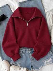 SHEIN Sparklyn Tween Girls Fleece Fall Clothes Long Sleeve Solid Color 1/4 Zip Placket Loose Sweatshirt Warm Casual Basic Outfit Comfortable School Burgundy Red - Burgundy - View 2