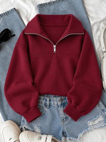 SHEIN Sparklyn ملابس خريفية من الصوف الناعم للفتيات المراهقات، سويت شيرت فضفاض بأكمام طويلة ولون موحد مع فتحة سحاب 1/4، دافئ وكاجوال أساسي ومريح للمدرسة، أحمر برغندي