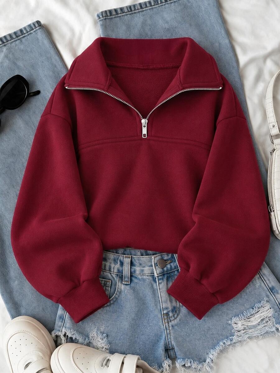 SHEIN Sparklyn Tween Girls Fleece Fall Clothes Long Sleeve Solid Color 1/4 Zip Placket Loose Sweatshirt Warm Casual Basic Outfit Comfortable School Burgundy Red