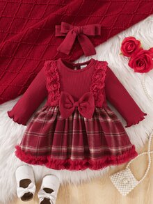 SHEIN 嬰兒與幼兒女童 2 件組洋裝與髮帶套裝，紅色格紋公主洋裝，長袖蕾絲荷葉邊洋裝，羅紋修身復古高腰大蝴蝶結百褶泡泡袖洋裝，2 合 1 套裝 - 紅色 - 查看 10
