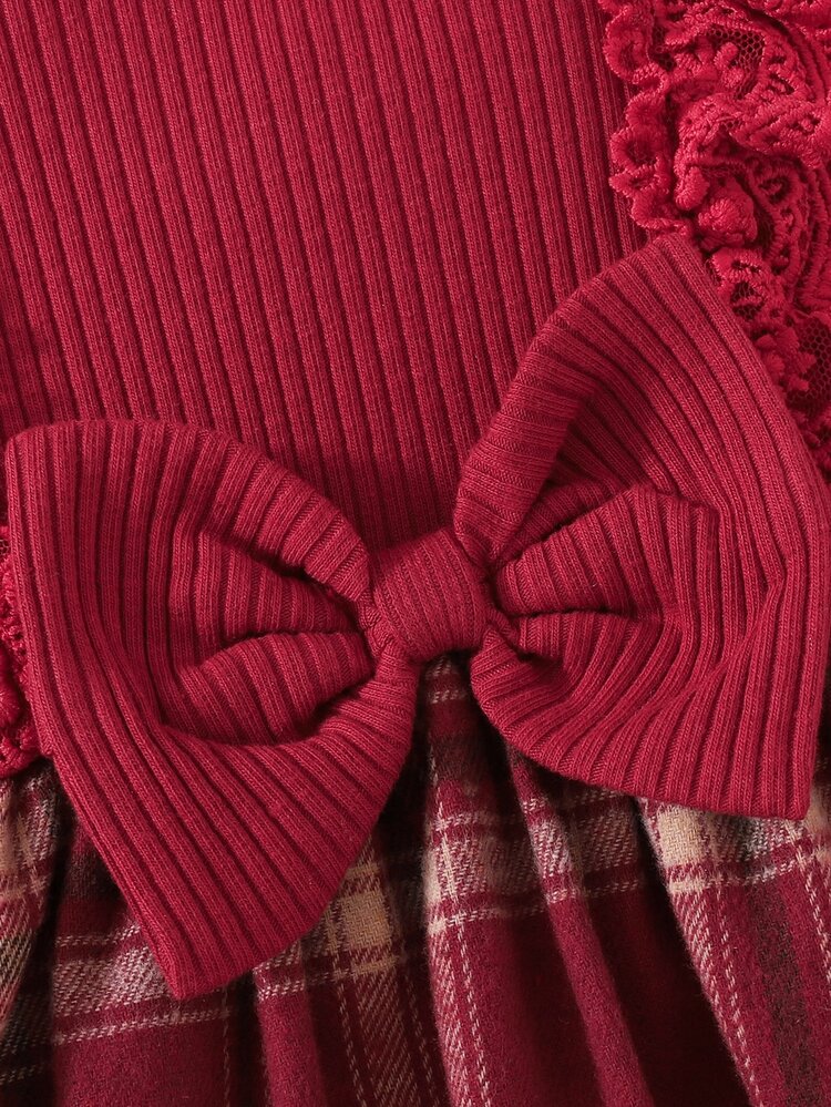 SHEIN Infant & Toddler Girls 2pcs Dress & Headband Set, Red Plaid Princess Dress, Long Sleeve Lace Ruffle Dress, Ribbed Slim Fit Vintage High Waist Big Bow Pleated Puff Dress, 2 In 1 Outfit - Red - View 4