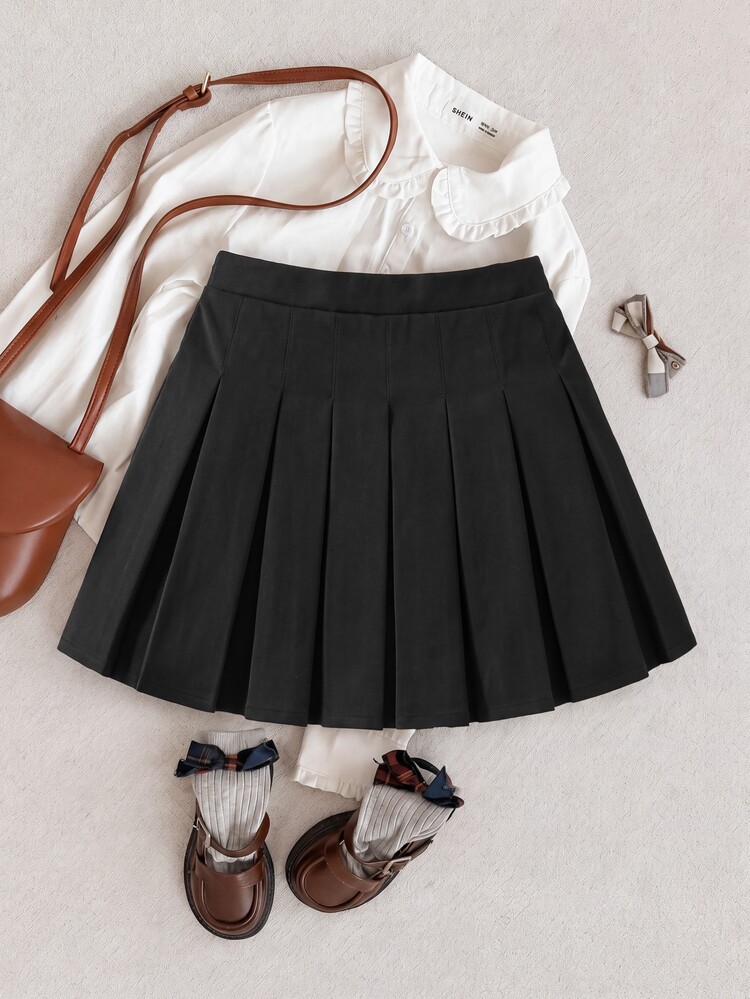 PrepCrw Young Girl Sweet Solid Color Pleated Woven Casual Mini Skirt,Suitable For Daily Wear,Cute Campus,Autumn And Winter,School Sisters Matching, - Black - View 2
