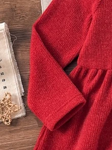 女童秋冬紅色時尚優雅針織收腰彈性長袖上衣，荷葉邊下擺仿毛衣針織洋裝，適合日常優雅休閒可愛甜美度假、新年派對與聖誕穿搭 - 紅色 - 查看 6