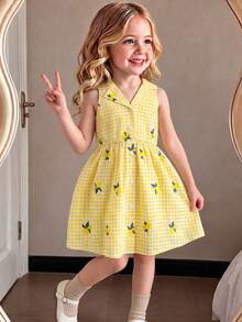 SHEIN Elladie kids Garden Girls 夏季新款時尚洋裝， Polo 領掛脖露背收腰甜美百搭度假風少女正式禮服，可愛 - 黃色 - 查看 1