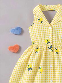 SHEIN Elladie kids Garden Girls 夏季新款時尚洋裝， Polo 領掛脖露背收腰甜美百搭度假風少女正式禮服，可愛 - 黃色 - 查看 5