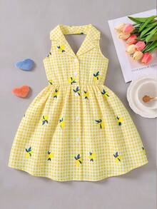 SHEIN Elladie kids Garden Girls 夏季新款時尚洋裝， Polo 領掛脖露背收腰甜美百搭度假風少女正式禮服，可愛 - 黃色 - 查看 4