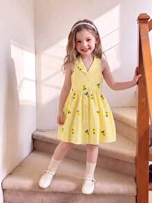 SHEIN Elladie kids Garden Girls 夏季新款時尚洋裝， Polo 領掛脖露背收腰甜美百搭度假風少女正式禮服，可愛 - 黃色 - 查看 3