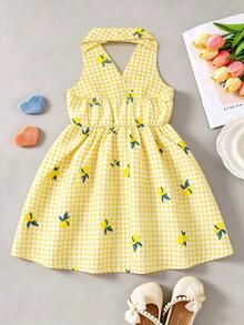 SHEIN Elladie kids Garden Girls 夏季新款時尚洋裝， Polo 領掛脖露背收腰甜美百搭度假風少女正式禮服，可愛 - 黃色 - 查看 2