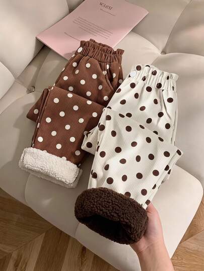 Girls Polka Dot Thermal Lined Wide Leg Pants, Autumn/Winter New Style, Coffee Brown Base With Brown Polka Dots, Cream Base With Black Polka Dots, Rich Colors, Ruffled Waistband With Elastic, Decorative Buttons, Cuffed Hem With Thermal Lining, Thickened Vintage Cute Style, Suitable For Matching With Base Layers And Sweaters