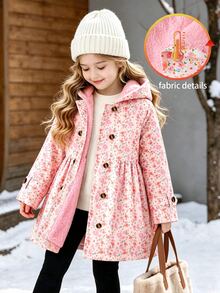 SHEIN 女童冬季外套，粉色碎花，保暖內裡，連帽，雙排扣，時尚夾克，適合日常休閒西式風格，校園風 - 粉色 - 查看 5