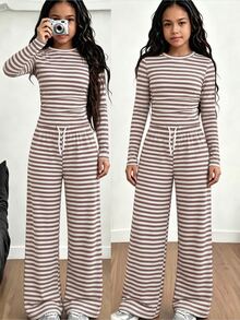 SHEIN 女童休閒 80 年代可愛套裝 2 件組，修身長袖 T 恤搭配鬆緊腰寬腿寬鬆長褲，白色，適合家庭度假、秋季校園 - 彩色 - 查看 3
