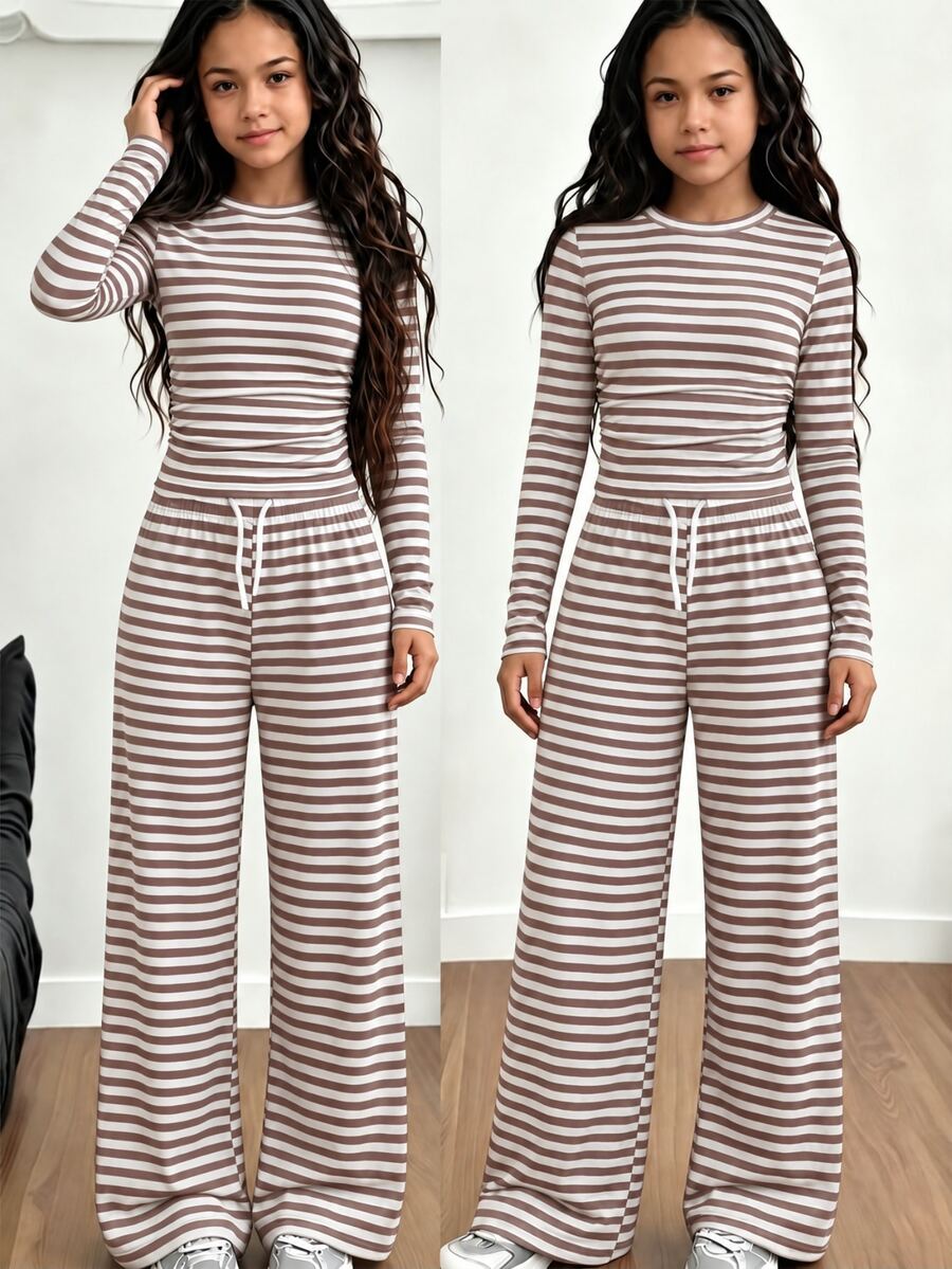 SHEIN 女童休閒 80 年代可愛套裝 2 件組，修身長袖 T 恤搭配鬆緊腰寬腿寬鬆長褲，白色，適合家庭度假、秋季校園 - 彩色 - 查看 1
