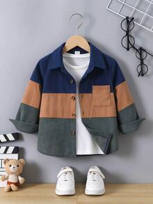 SHEIN Genkimix Kids 小男孩拼色長袖單排扣口袋休閒夾克外套 秋季 - 彩色 - 查看 3