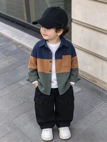 SHEIN Genkimix Kids 小男孩拼色長袖單排扣口袋休閒夾克外套 秋季 - 彩色 - 查看 1