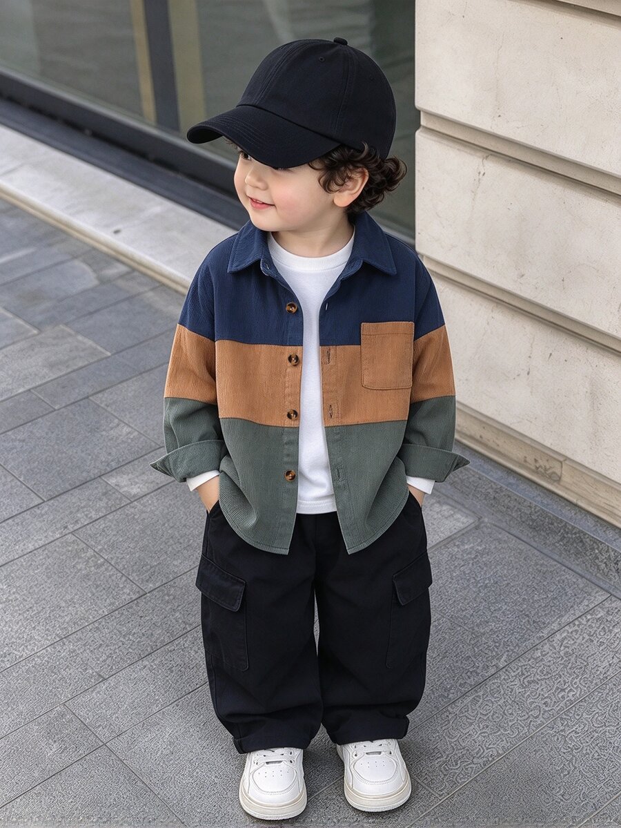 SHEIN Genkimix Kids 小男孩拼色長袖單排扣口袋休閒夾克外套 秋季 - 彩色 - 查看 1