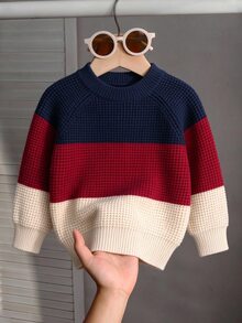 SHEIN Playful Pals 男嬰針織套頭圓領長袖毛衣，適合秋冬，多色條紋，時尚帥氣，適合日常穿著、外出、旅行、上學 - 彩色 - 查看 3