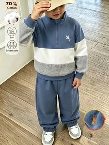 SHEIN Boys' Fashion Casual Colorblock Zip-Up Collar Embroidered Logo Fuzzy Top And Pants 2 Pieces Set, Suitable For Daily Wear, Outings, School, Autumn/Winter - Multicolor - View 4